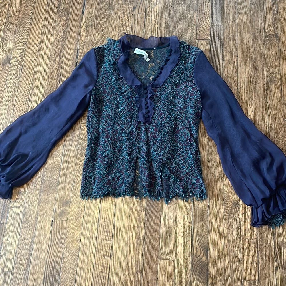 Self-Portrait Lace Purple and Green Long Sleeve, Silk Collared Shirt